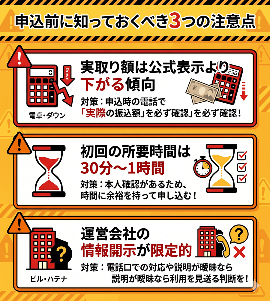 現金化本舗の申込前に知っておくべき3つの注意点を図解。実取り額の低下、初回の所要時間、運営情報に関する注意点と対策を整理